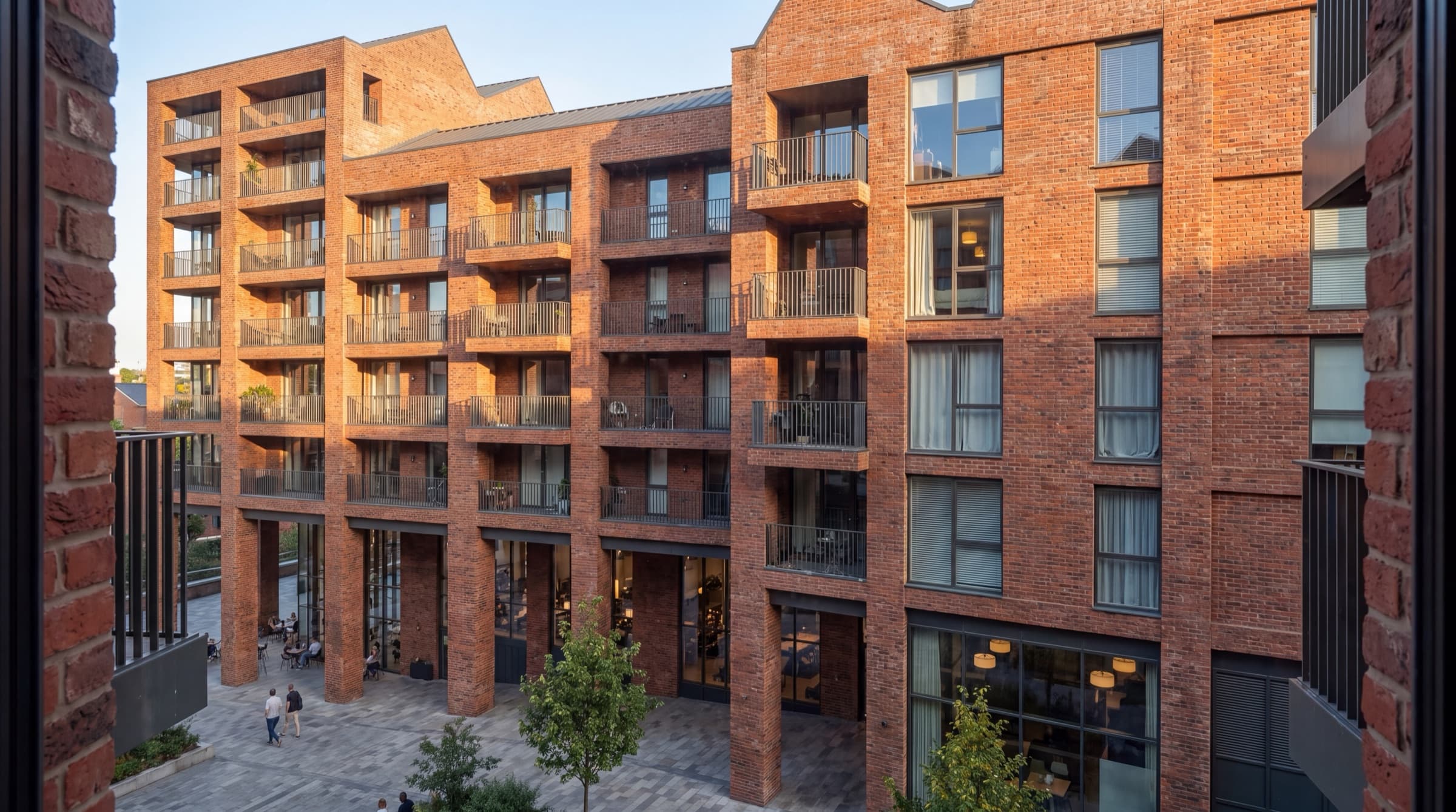 Courtyard of the Liverpool development at dusk