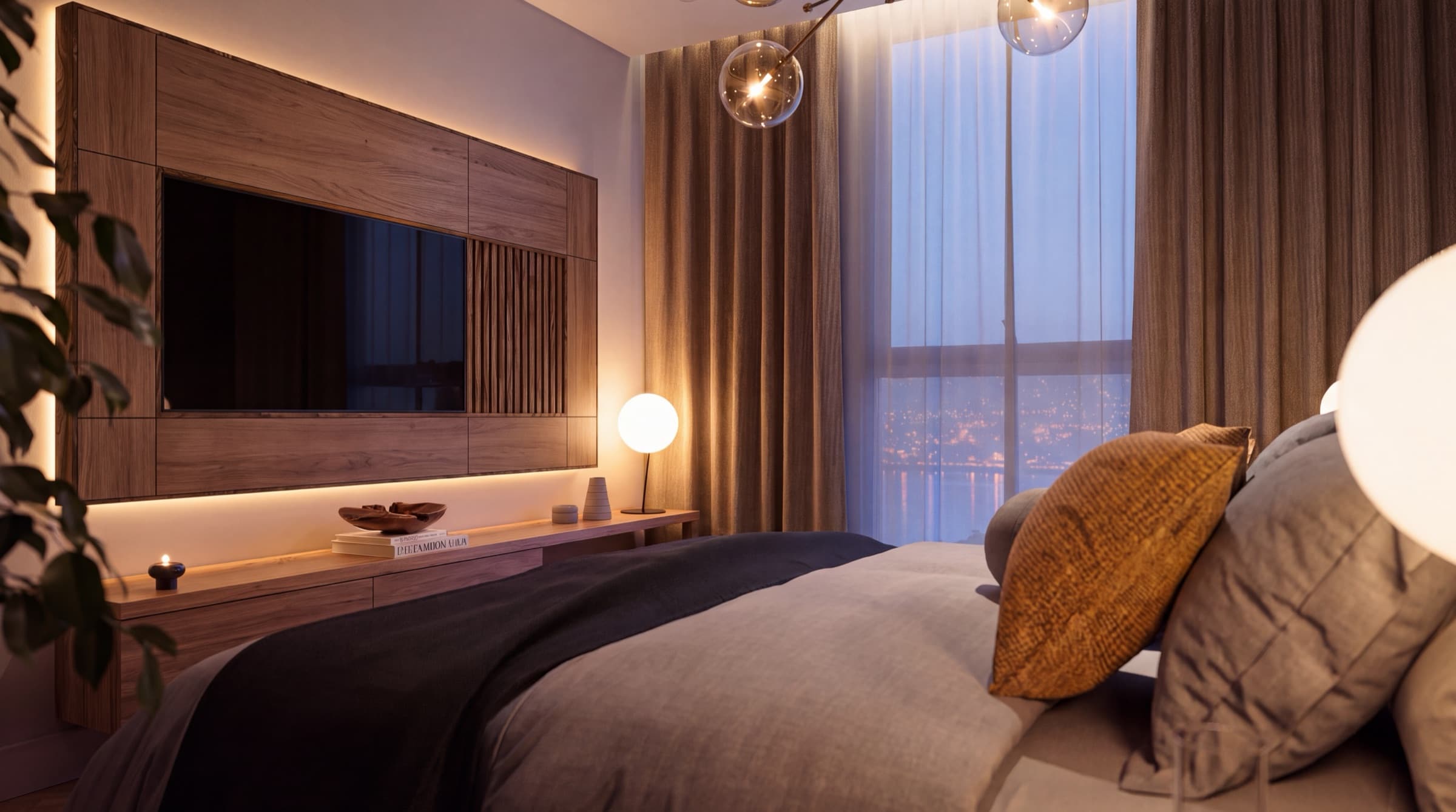Bedroom at dusk with the city lights through the window