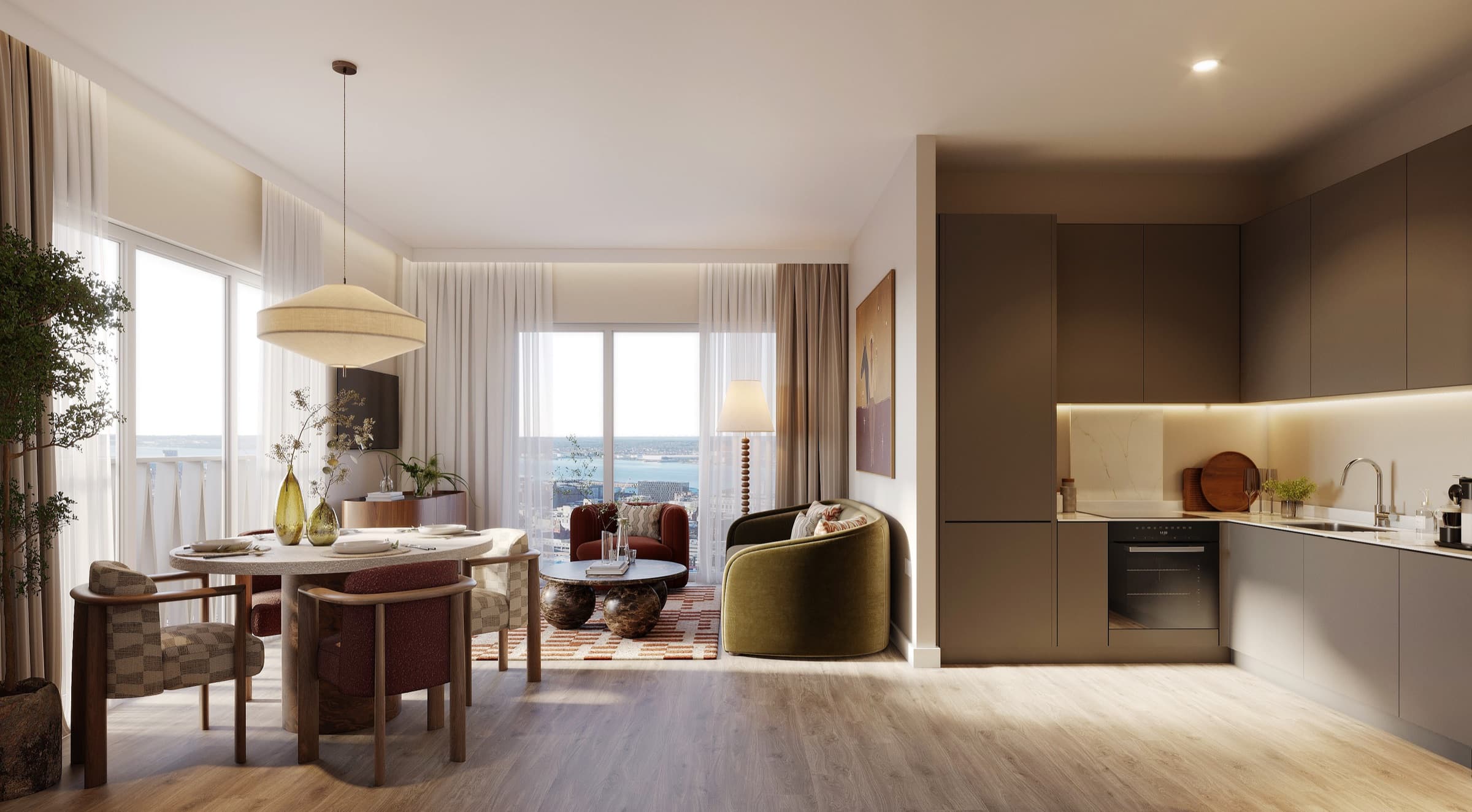 Open-plan kitchen and living room with a view over the river