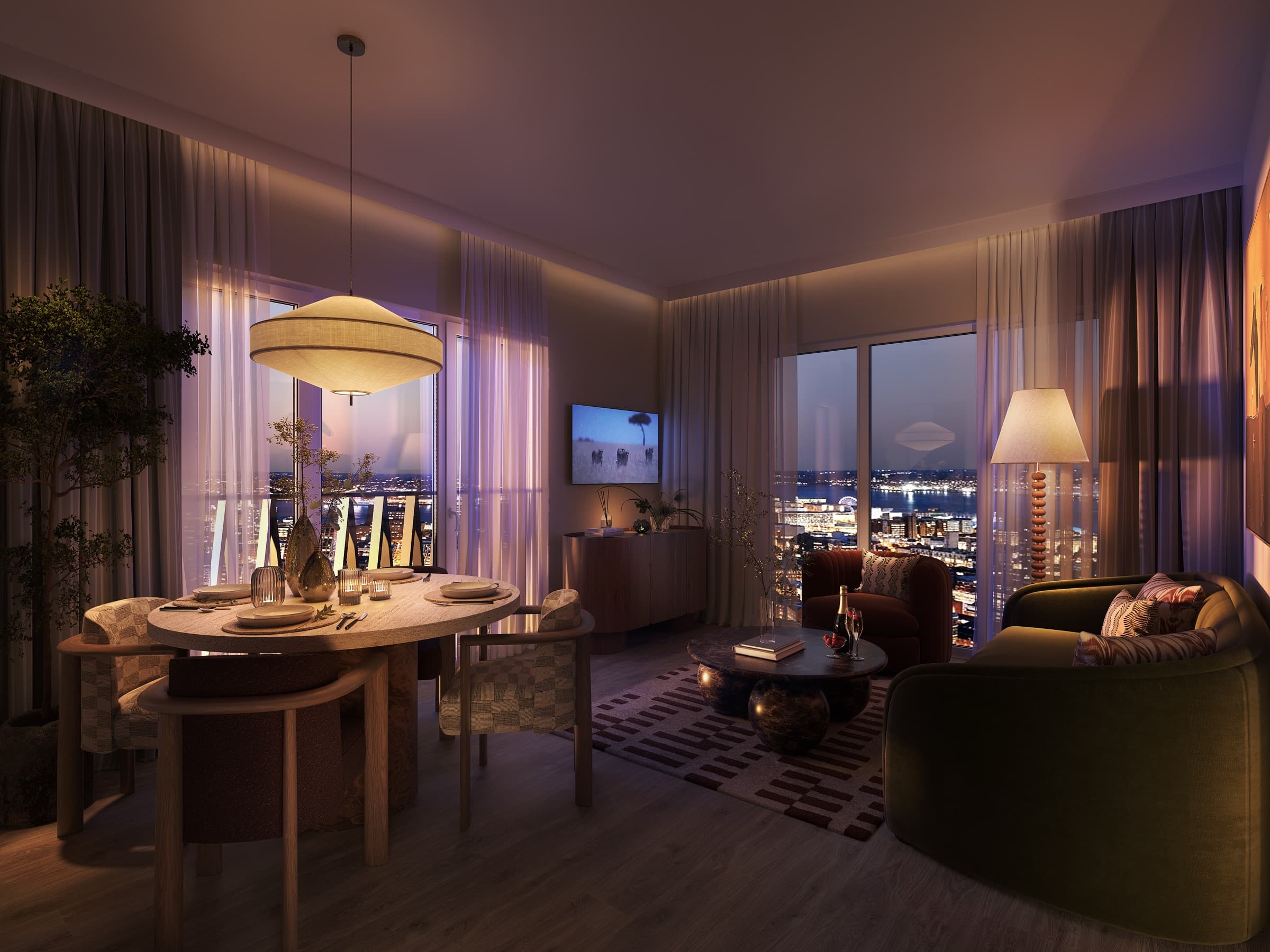 Living room at dusk with the city lights beyond