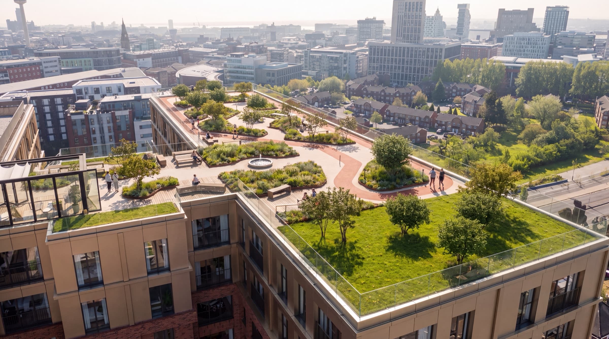 Aerial view of the landscaped rooftop garden over the Liverpool skyline